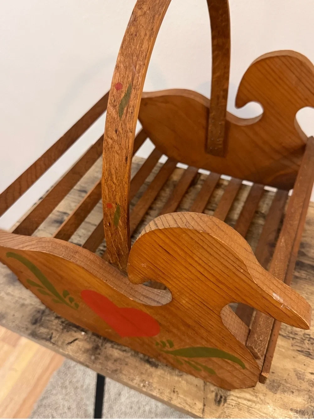 Vintage Wooden Folk Art Duck Basket Carrier | Rustic Farmhouse Decor